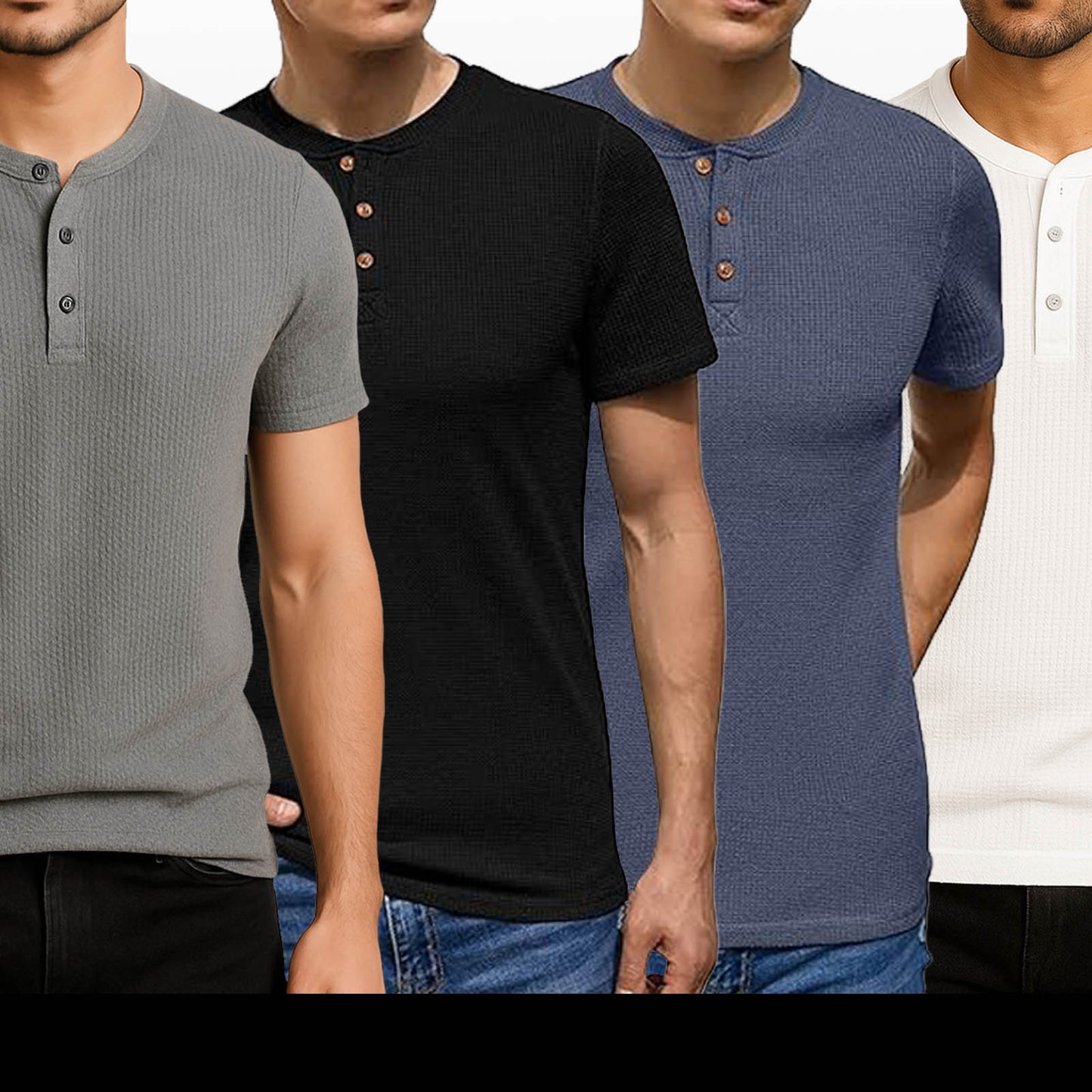 Pack of 4 WAFFLE KNIT HENLEY T-Shirts