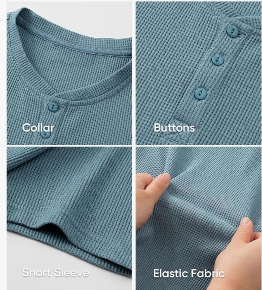 Steel Blue WAFFLE KNIT HENLEY T-Shirts