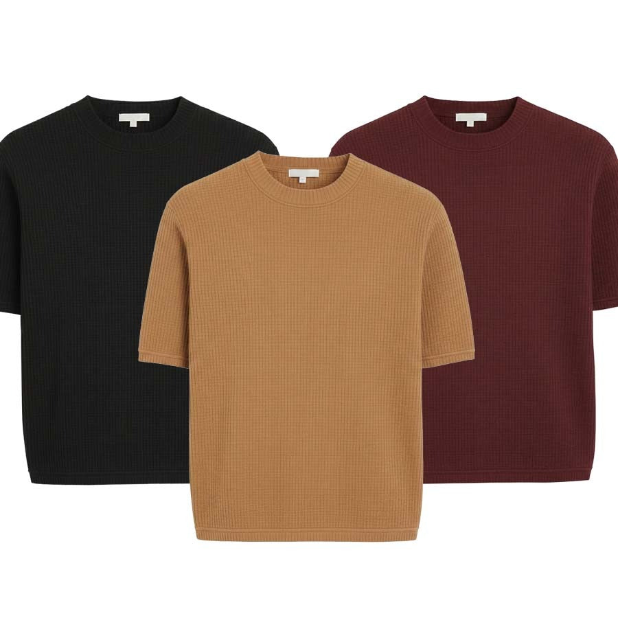 Pack of 3 WAFFLE KNIT T-Shirts ( BLACK, CAMEL & MAHROON )