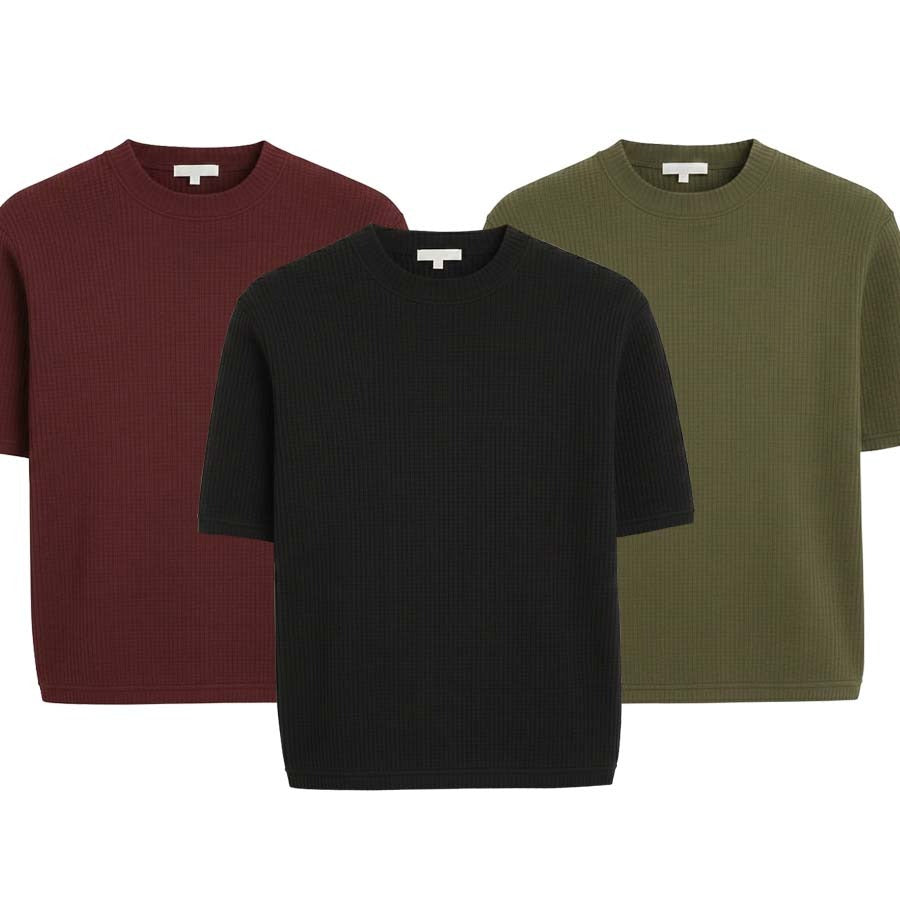 Pack of 3 WAFFLE KNIT T-Shirts ( MAHROON, BLACK & GREEN )