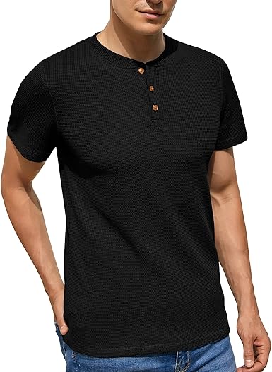 Black WAFFLE KNIT HENLEY T-Shirts