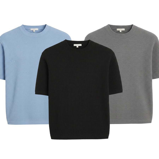 Pack of 3 WAFFLE KNIT T-Shirts ( SKY-BLUE, BLACK & GREY )