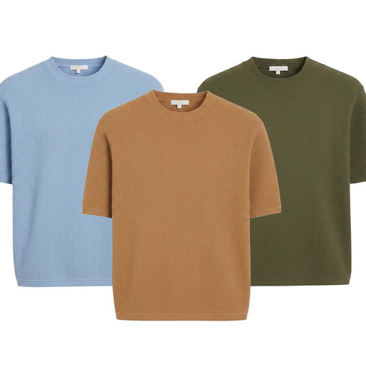 Pack of 3 WAFFLE KNIT T-Shirts ( SKY-BLUE, CAMEL & GREEN )