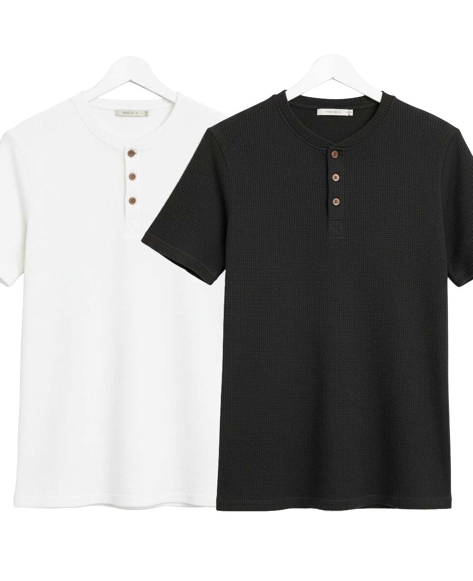 Pack of 2 WAFFLE KNIT HENLEY T-Shirts ( Black & White )