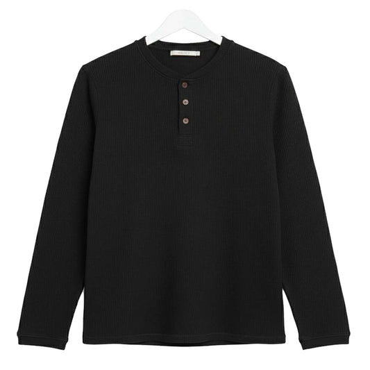 BLACK WAFFLE KNIT HENLEY Long Sleeves T-Shirt