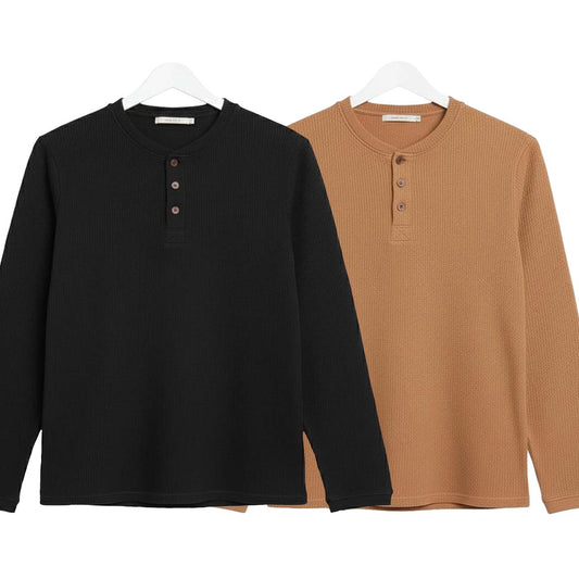 Pack of 2 WAFFLE KNIT HENLEY T-Shirts ( Black & Camel )