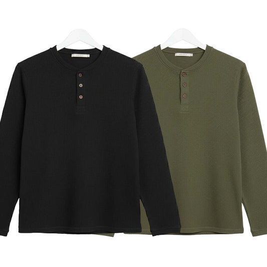 Pack of 2 WAFFLE KNIT HENLEY T-Shirts ( Black & Green )