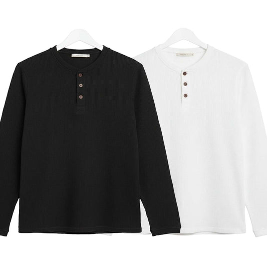 Pack of 2 WAFFLE KNIT HENLEY T-Shirts ( Black & White )