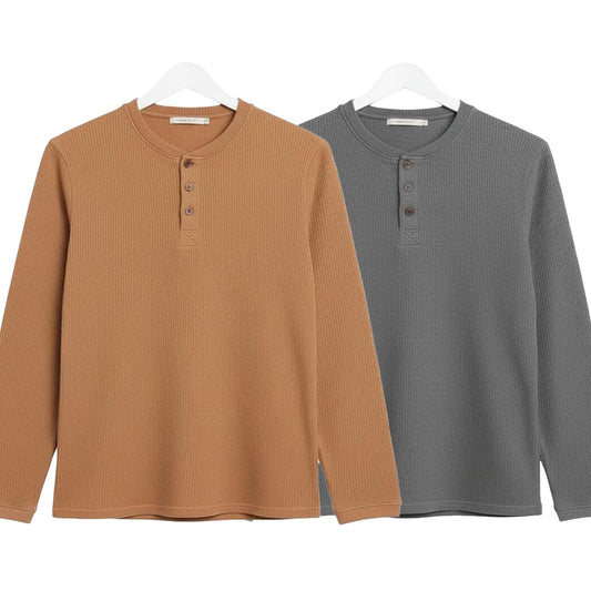 Pack of 2 WAFFLE KNIT HENLEY T-Shirts ( Camel & Grey )