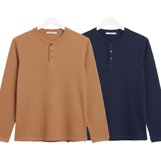 Pack of 2 WAFFLE KNIT HENLEY T-Shirts ( Camel & Navy )
