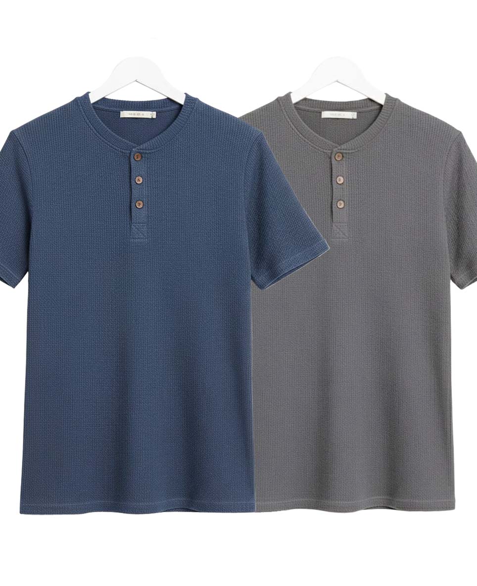 Pack of 2 WAFFLE KNIT HENLEY T-Shirts ( Navy & Grey )