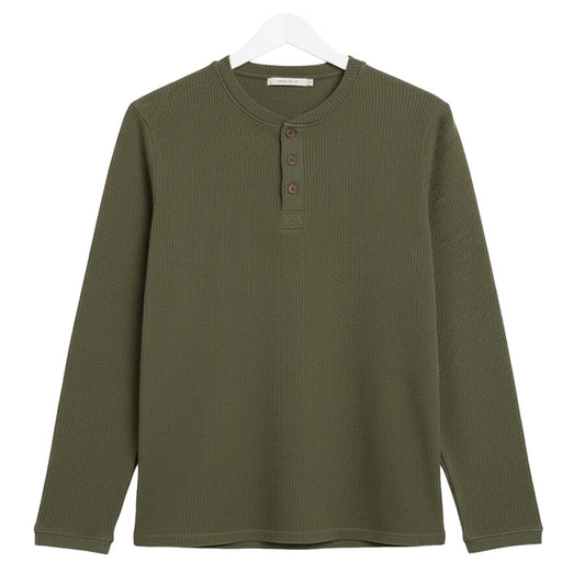 GREEN WAFFLE KNIT HENLEY Long Sleeves T-Shirt