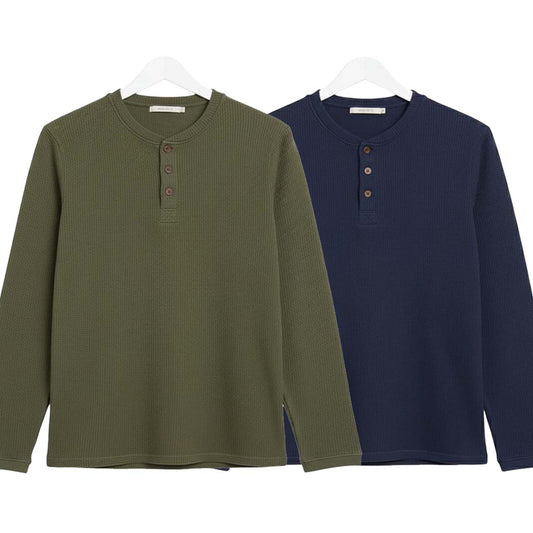 Pack of 2 WAFFLE KNIT HENLEY T-Shirts ( Green & Navy )