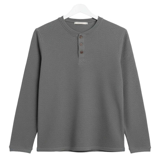 GREY WAFFLE KNIT HENLEY Long Sleeves T-Shirt