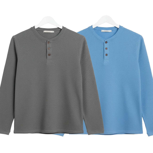Pack of 2 WAFFLE KNIT HENLEY T-Shirts ( Grey & Sky-Blue )