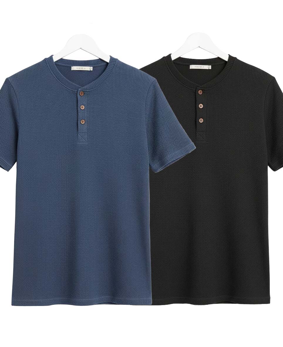 Pack of 2 WAFFLE KNIT HENLEY T-Shirts ( Navy & Black )
