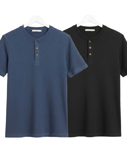 Pack of 2 WAFFLE KNIT HENLEY T-Shirts ( Navy & Black )