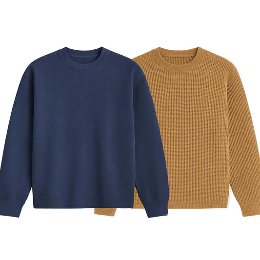 2 Pieces Waffle Knit SweatShirt ( CAMEL & NAVY BLUE )