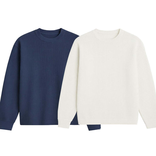 2 Pieces Waffle Knit SweatShirt ( NAVY BLUE & WHITE )