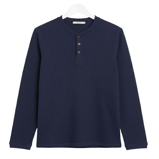 NAVY WAFFLE KNIT HENLEY Long Sleeves T-Shirt