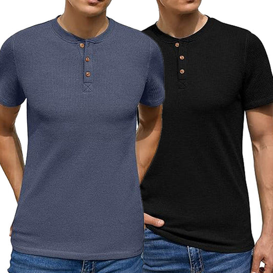 Pack of 2 WAFFLE KNIT HENLEY T-Shirts ( Navy & Black )