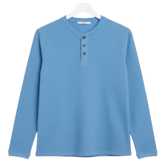 SKY-BLUE WAFFLE KNIT HENLEY Long Sleeves T-Shirt