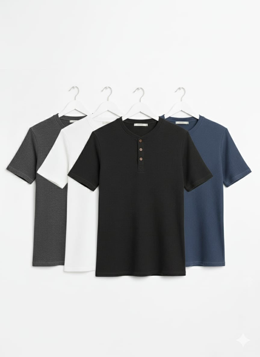 Pack of 4 WAFFLE KNIT HENLEY T-Shirts