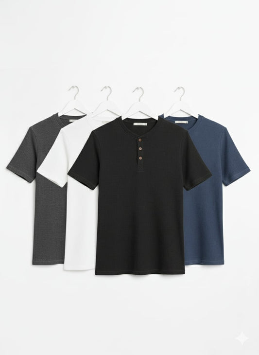 Pack of 4 WAFFLE KNIT HENLEY T-Shirts