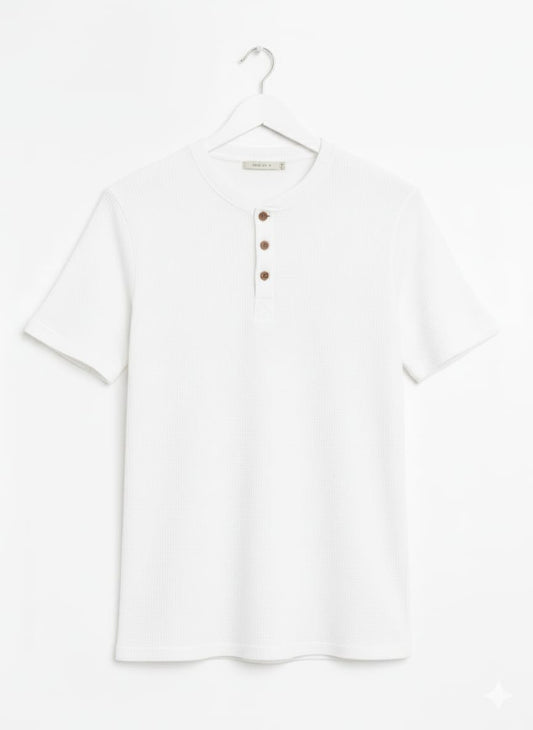 White WAFFLE KNIT HENLEY T-Shirts