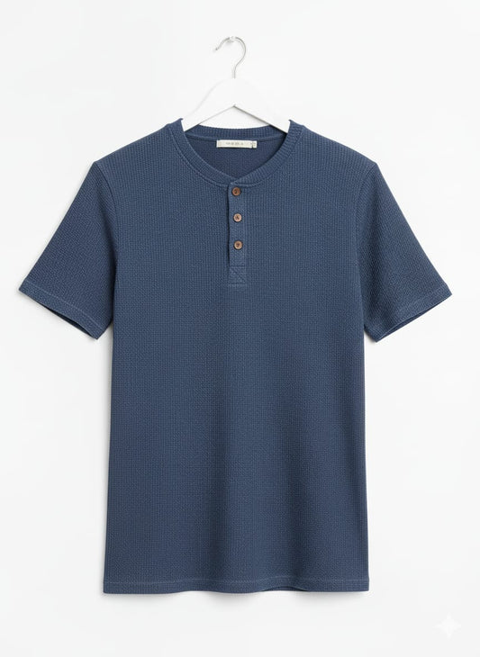 Navy WAFFLE KNIT HENLEY T-Shirts