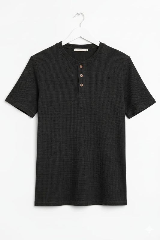 Black WAFFLE KNIT HENLEY T-Shirts