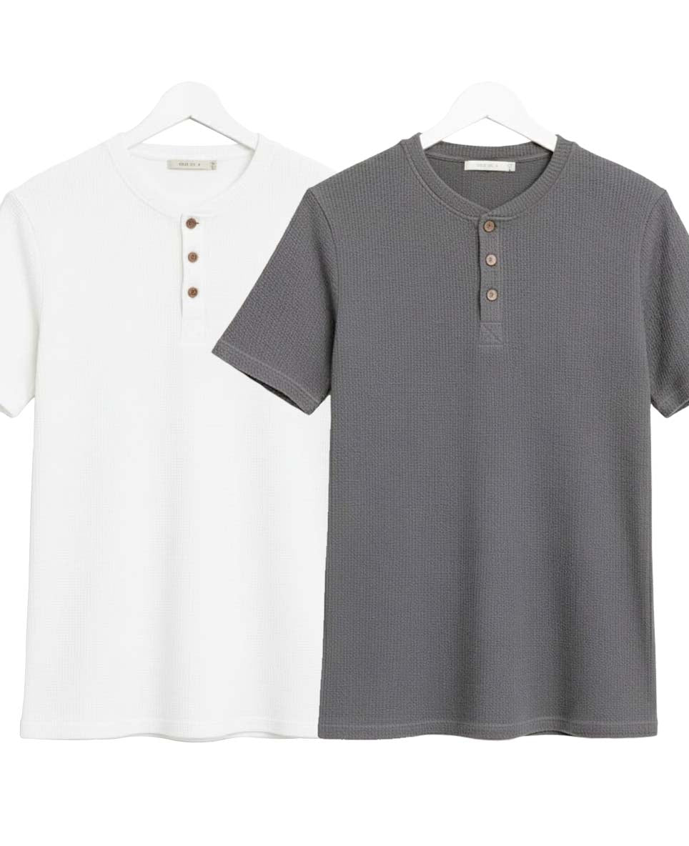 Pack of 2 WAFFLE KNIT HENLEY T-Shirts ( White & Grey )