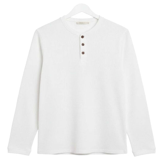 WHITE WAFFLE KNIT HENLEY Long Sleeves T-Shirt