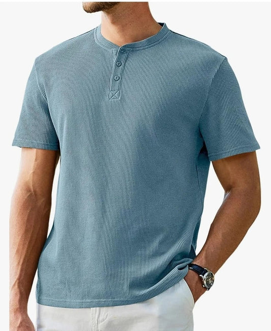Steel Blue WAFFLE KNIT HENLEY T-Shirts