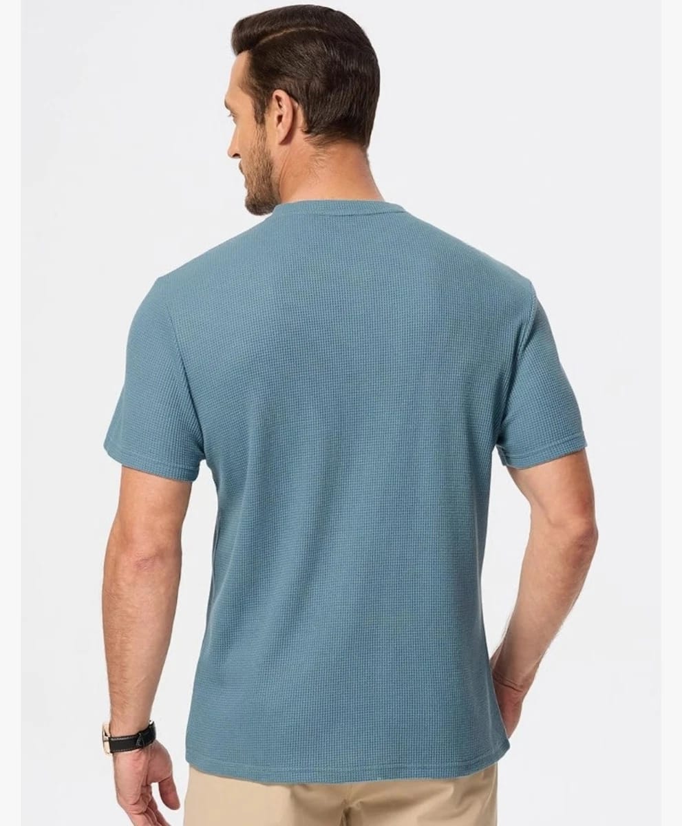 Steel Blue WAFFLE KNIT HENLEY T-Shirts