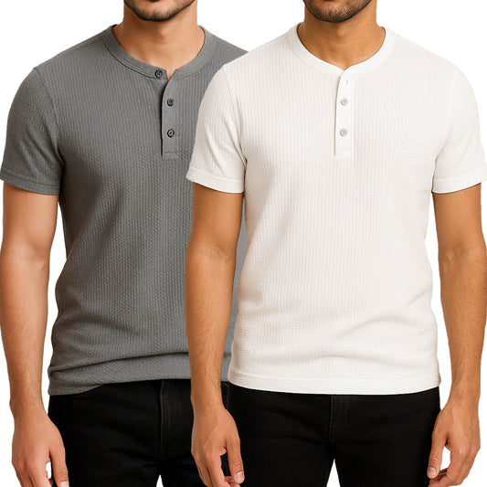Pack of 2 WAFFLE KNIT HENLEY T-Shirts ( White & Grey )